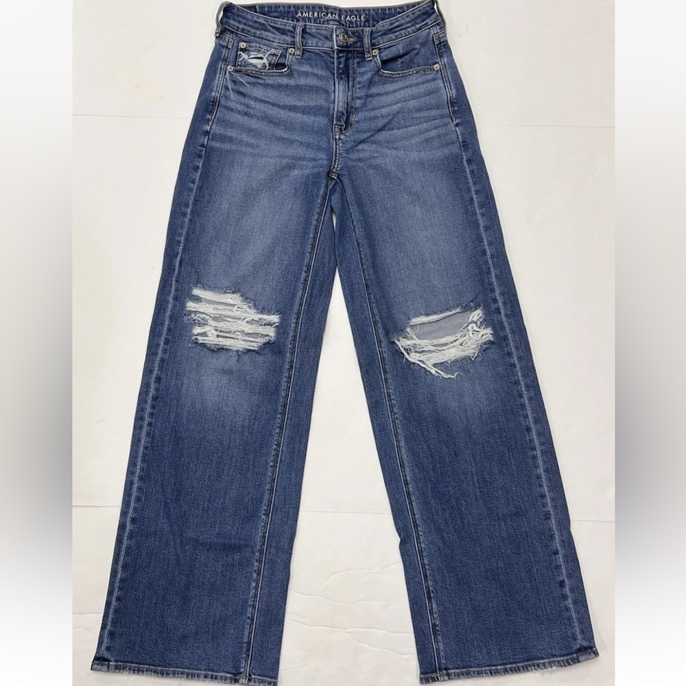 American Eagle Super High Rise Baggy Wide Leg Jeans Womens 2 Distressed
